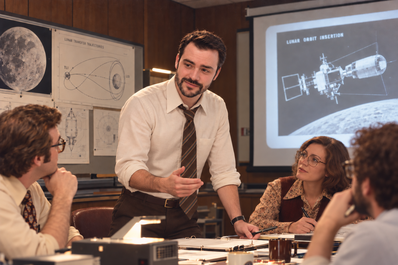 Matt Cook leading a review at a conference table, an orbit diagram projected behind him